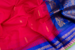Elegant Red Silk Cotton Saree with Royal Blue Cotton Border & Dye Lace Detailing