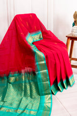 Red Silk Cotton Saree with Gold Green Zari Border & Elegant Contrast