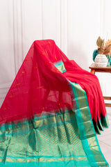 Red Silk Cotton Saree with Gold Green Zari Border & Elegant Contrast
