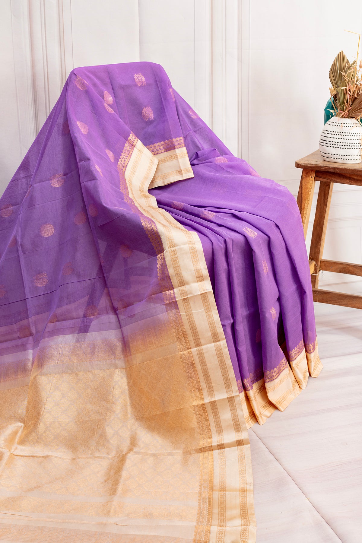 Royal Lavender Silk Cotton Saree with Gold Zari Elegance