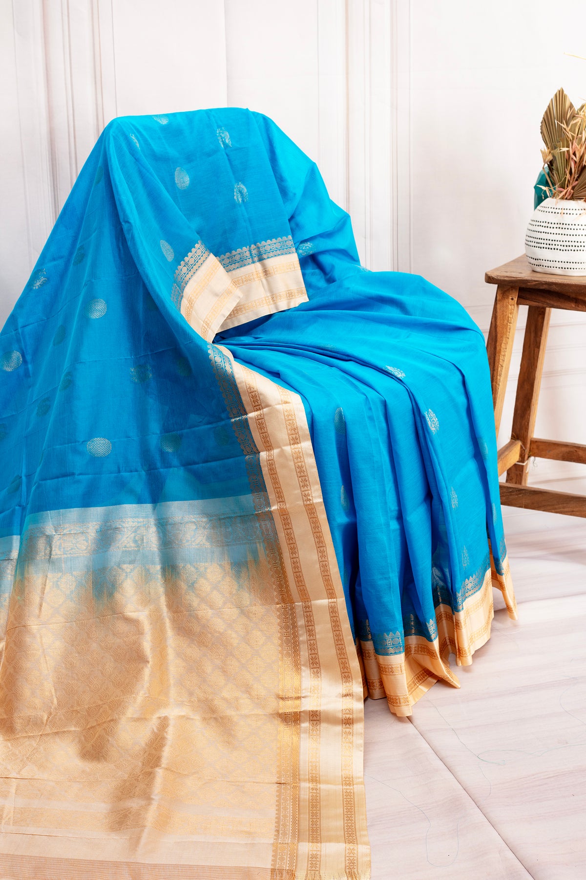 Aqua Blue Silk Cotton Saree with Classic Gold Zari Border