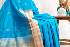 Aqua Blue Silk Cotton Saree with Classic Gold Zari Border