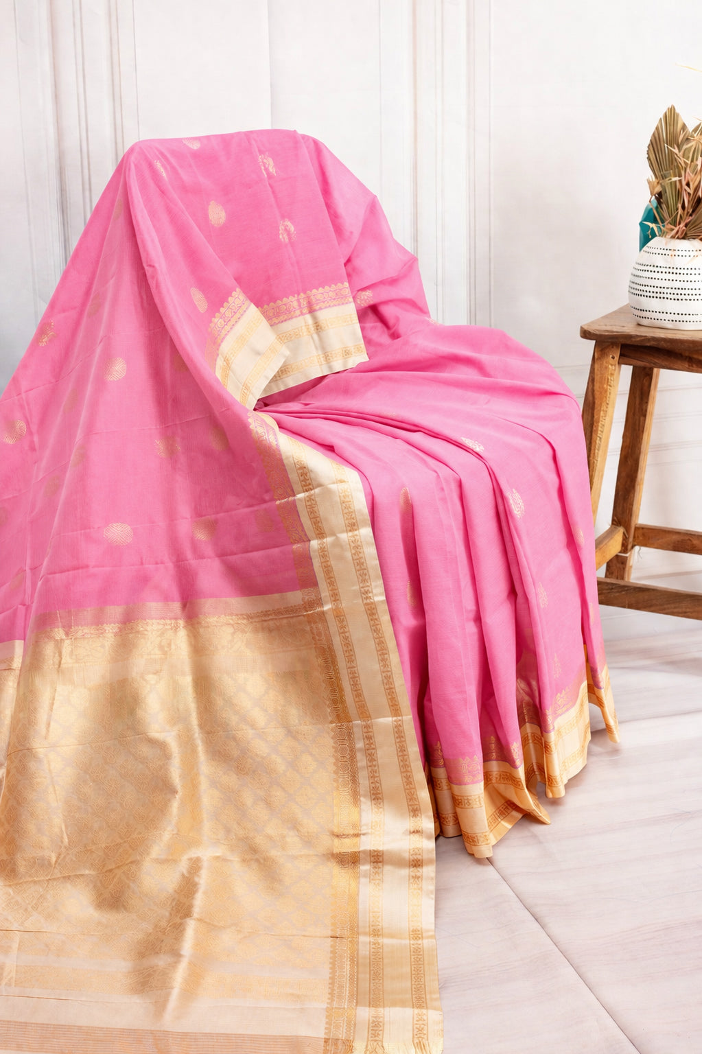 Blush Pink Silk Cotton Saree with Radiant Gold Zari Elegance