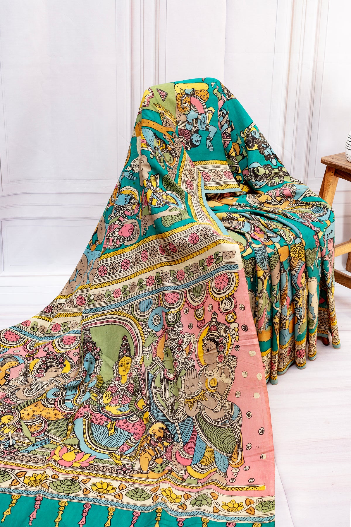 Vibrant Kalamkari Assam Silk Saree – Mythological Art Edition