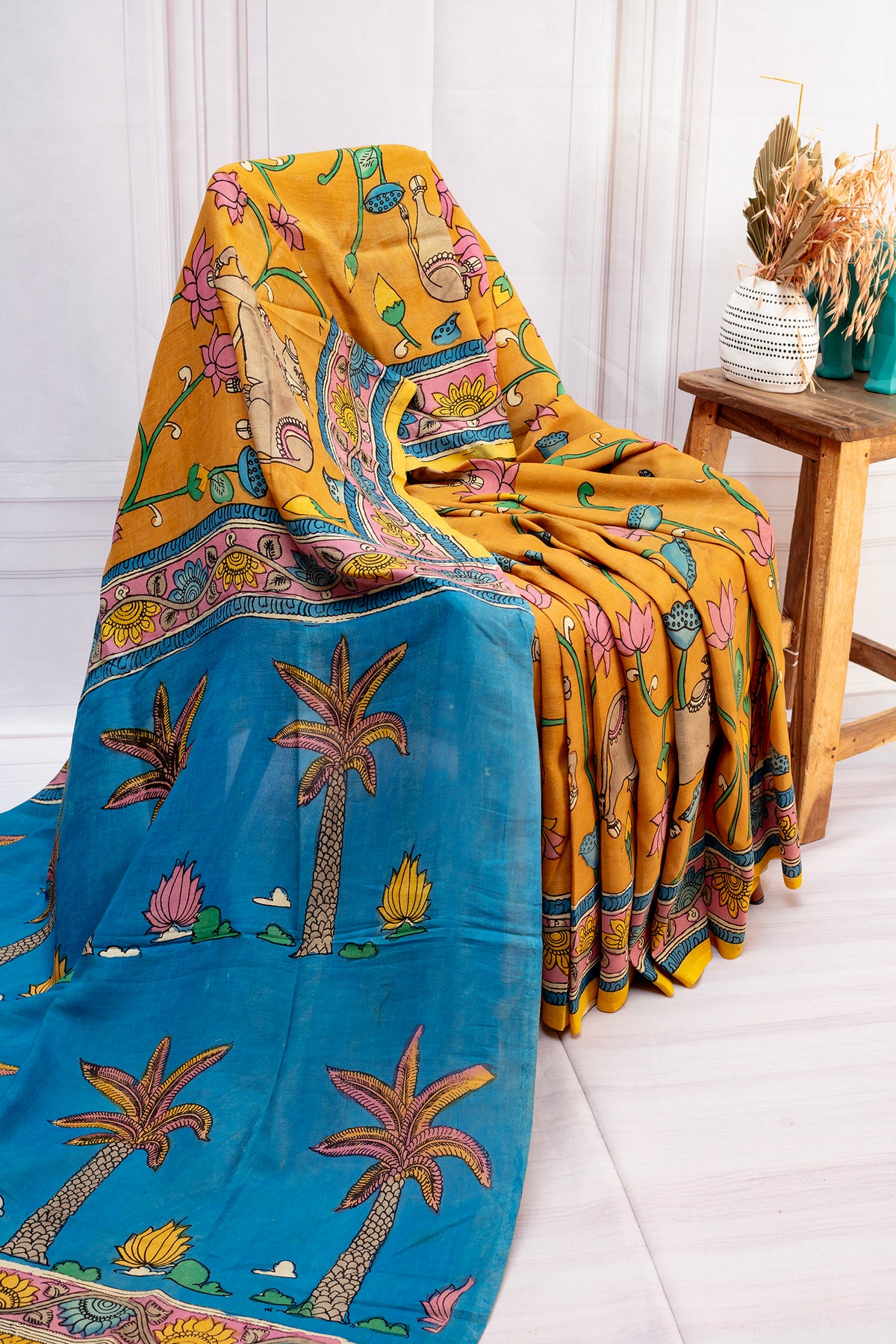 Sunlit Mustard Kalamkari Assam Silk Saree – Tropical Elegance