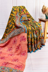 Mustard Garden Kalamkari Assam Silk Saree – Floral Elegance in Motion