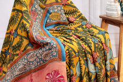 Mustard Garden Kalamkari Assam Silk Saree – Floral Elegance in Motion
