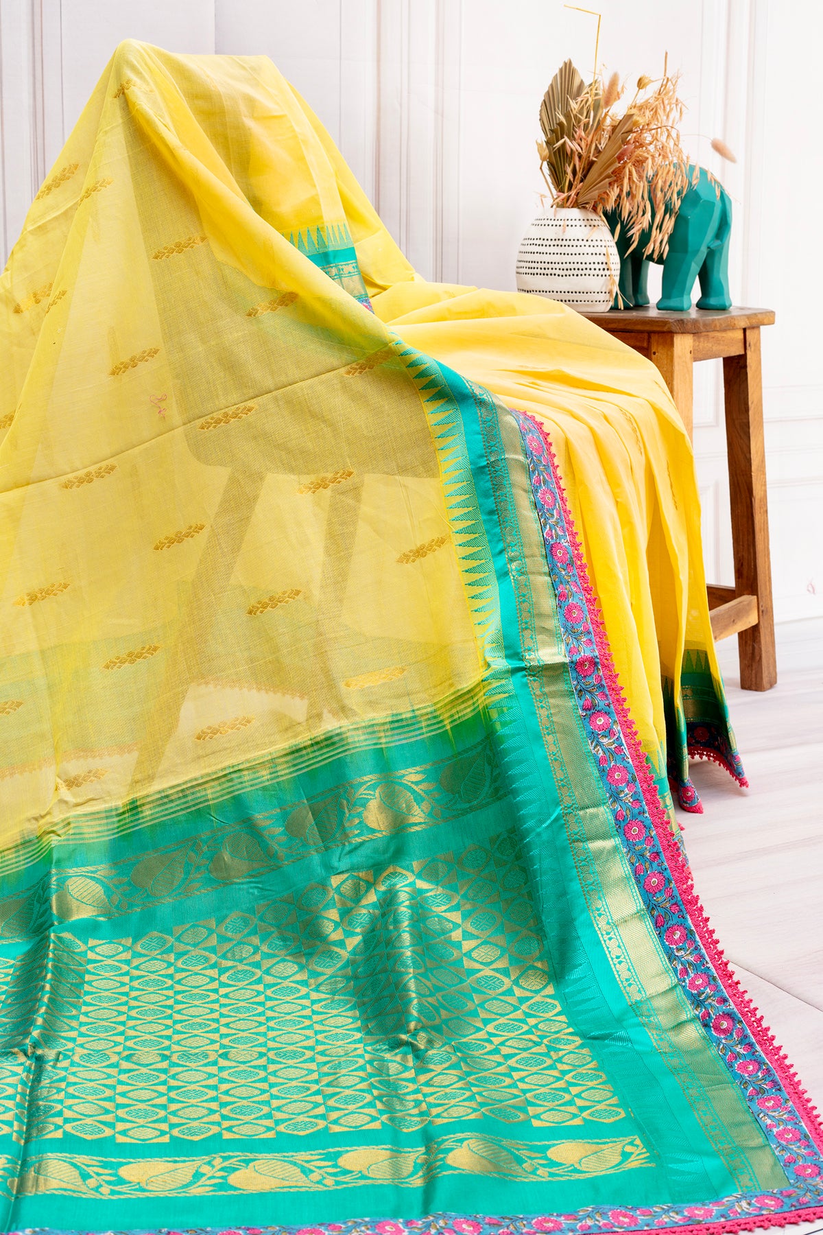 Sunshine Yellow Cotton Saree with Contrast Green Border & Floral Lace Detailing