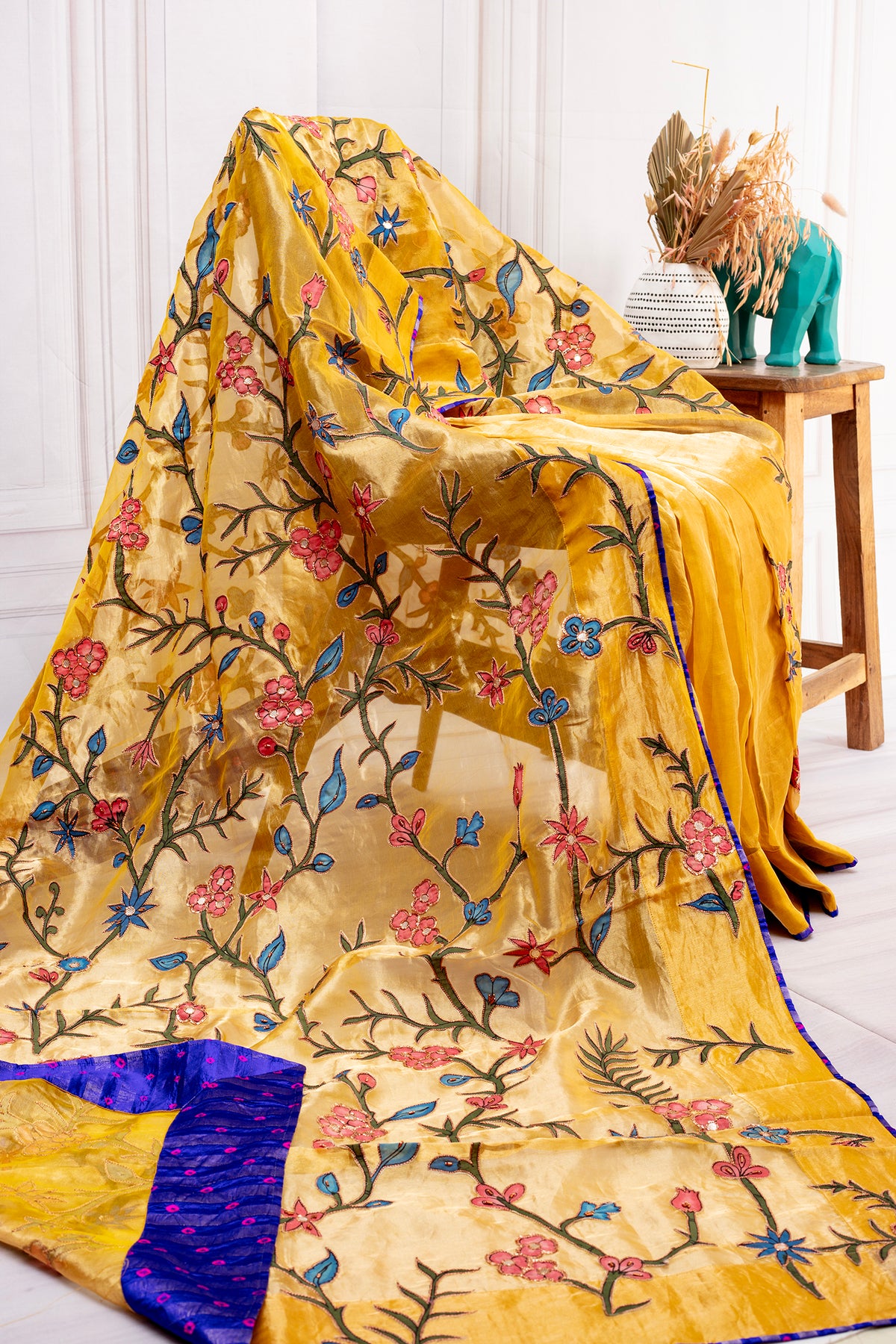 Golden Tissue Saree with Kalamkari Patch Embroidery & Bandhani Border Accent