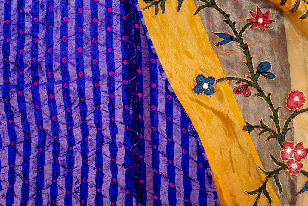Golden Tissue Saree with Kalamkari Patch Embroidery & Bandhani Border Accent