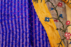 Golden Tissue Saree with Kalamkari Patch Embroidery & Bandhani Border Accent