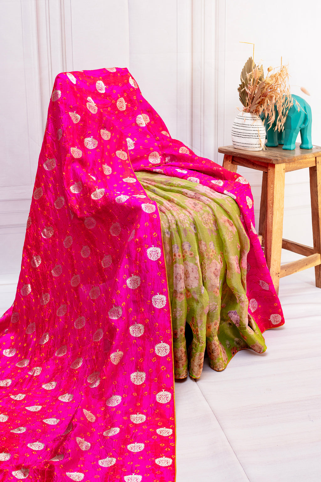 Pink Tissue Half & Half Saree with Bandhani Design and Floral Contrast