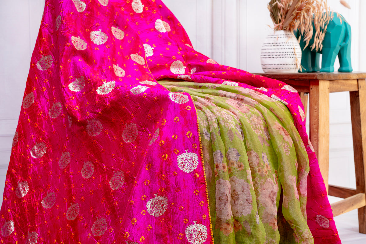 Pink Tissue Half & Half Saree with Bandhani Design and Floral Contrast