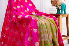 Pink Tissue Half & Half Saree with Bandhani Design and Floral Contrast