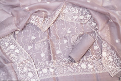 Elegant Dusty Lavender Organza Unstitched Salwar Set with Embroidered Dupatta