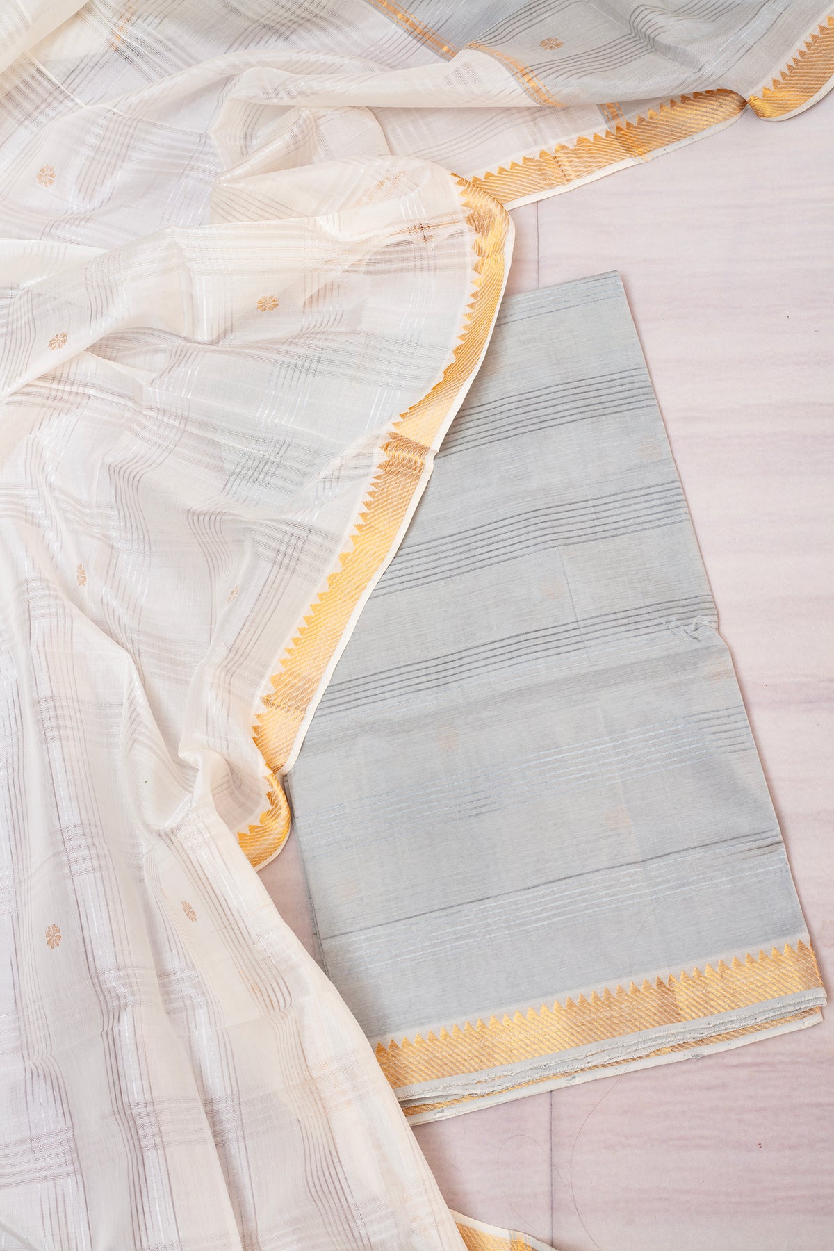 Silver-Grey & Ivory Chanderi Silk Suit Set