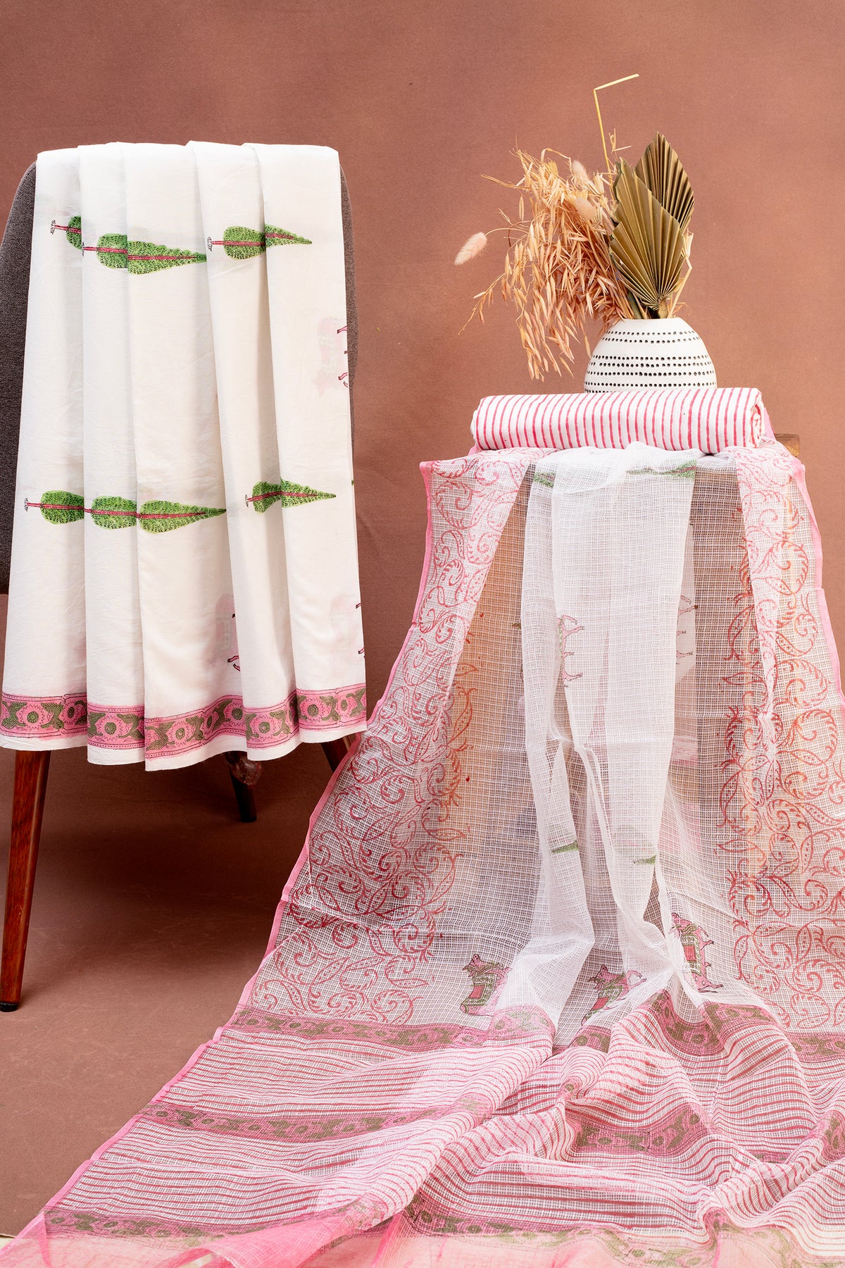 Ivory & Sage Leaf-Print Cotton Suit Set