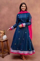 Indigo & Fuchsia Pure Cotton Anarkali & Dupatta Set