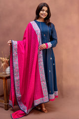 Indigo & Fuchsia Pure Cotton Anarkali & Dupatta Set