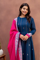 Indigo & Fuchsia Pure Cotton Anarkali & Dupatta Set
