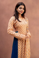 Peach & Teal Floral Cotton Anarkali Set