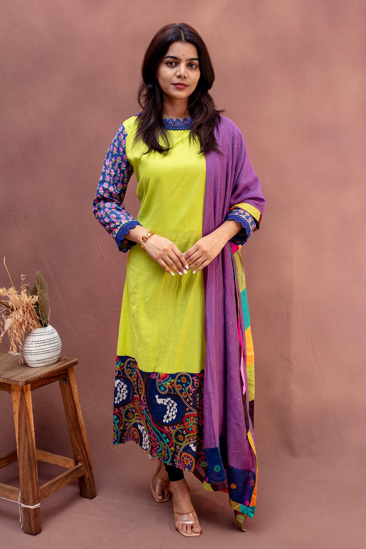 Lime & Indigo Kalamkari-Border Cotton Suit Set