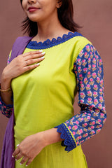 Lime & Indigo Kalamkari-Border Cotton Suit Set