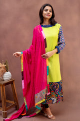 Lime & Indigo Peacock-Border Cotton Suit Set