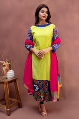 Lime & Indigo Peacock-Border Cotton Suit Set