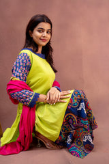 Lime & Indigo Peacock-Border Cotton Suit Set