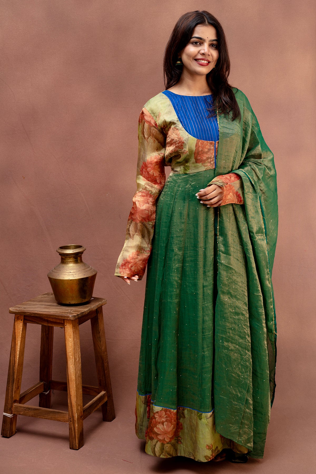 Forest Moss & Royal Blue Chanderi Anarkali Set