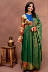 Forest Moss & Royal Blue Chanderi Anarkali Set