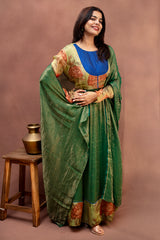 Forest Moss & Royal Blue Chanderi Anarkali Set