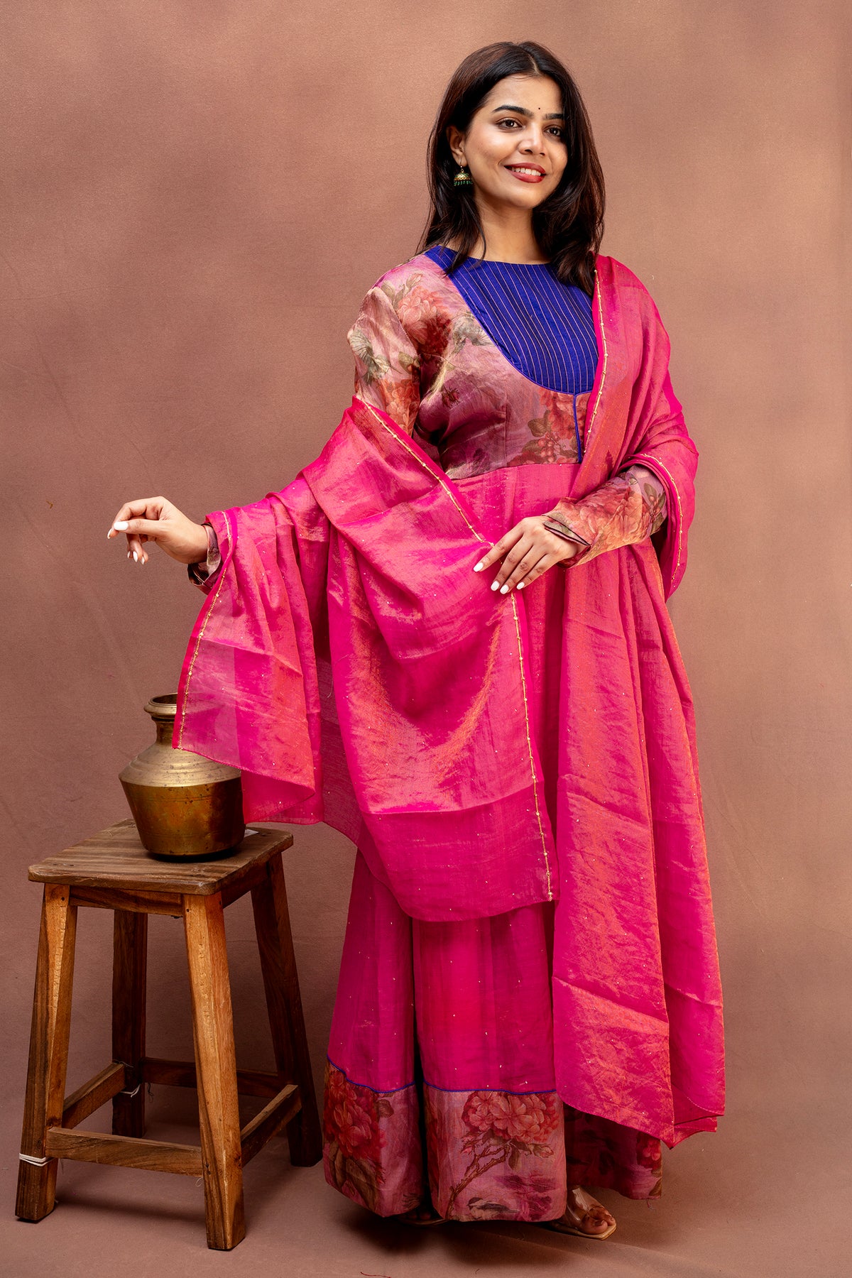 Midnight Rose & Fuchsia Chanderi Anarkali Set