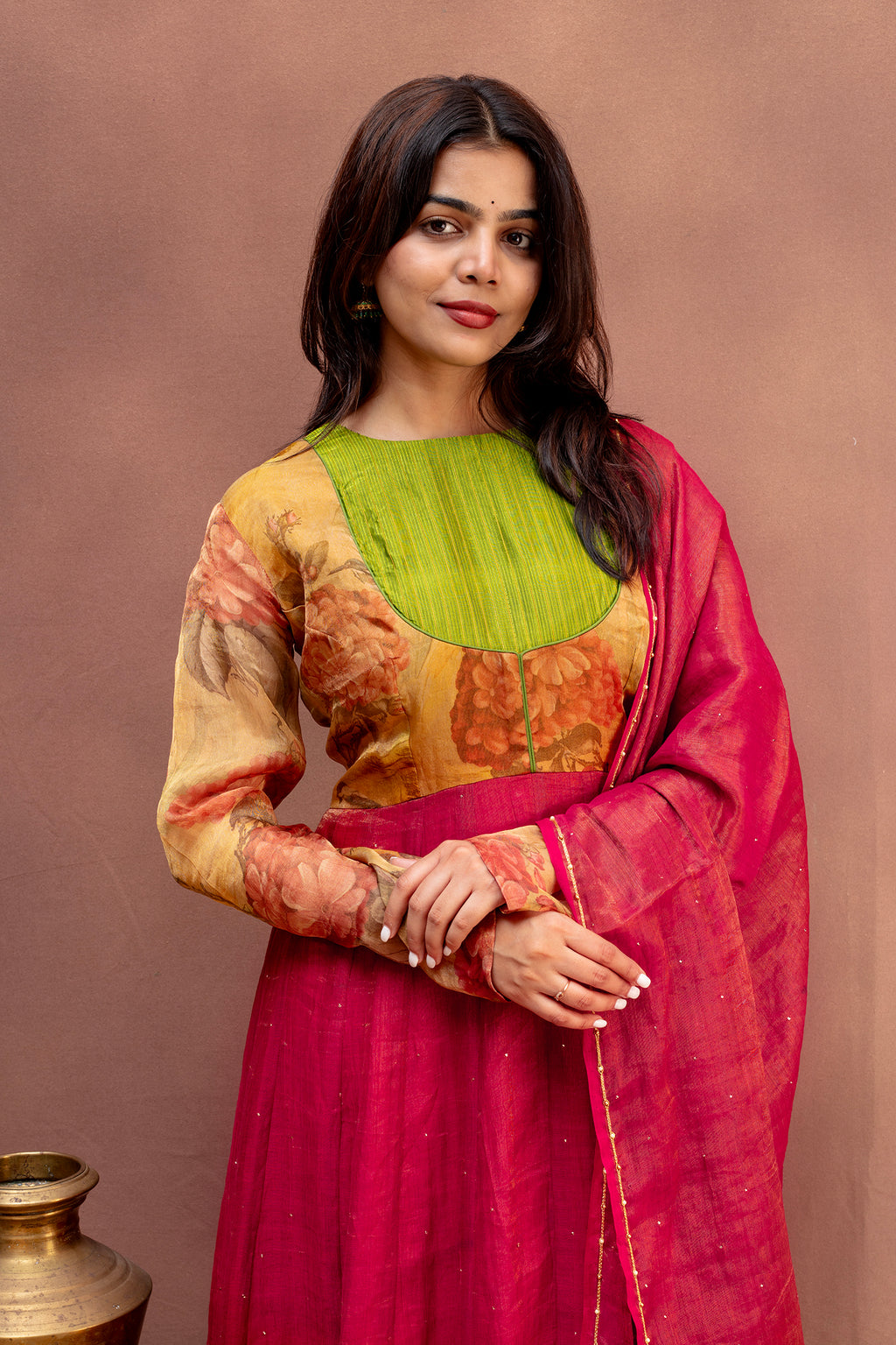 Earthy Rosewood & Lime Pure Chanderi Anarkali Set
