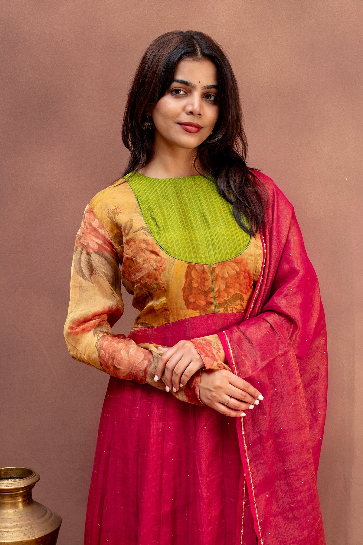 Earthy Rosewood & Lime Pure Chanderi Anarkali Set