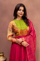 Earthy Rosewood & Lime Pure Chanderi Anarkali Set