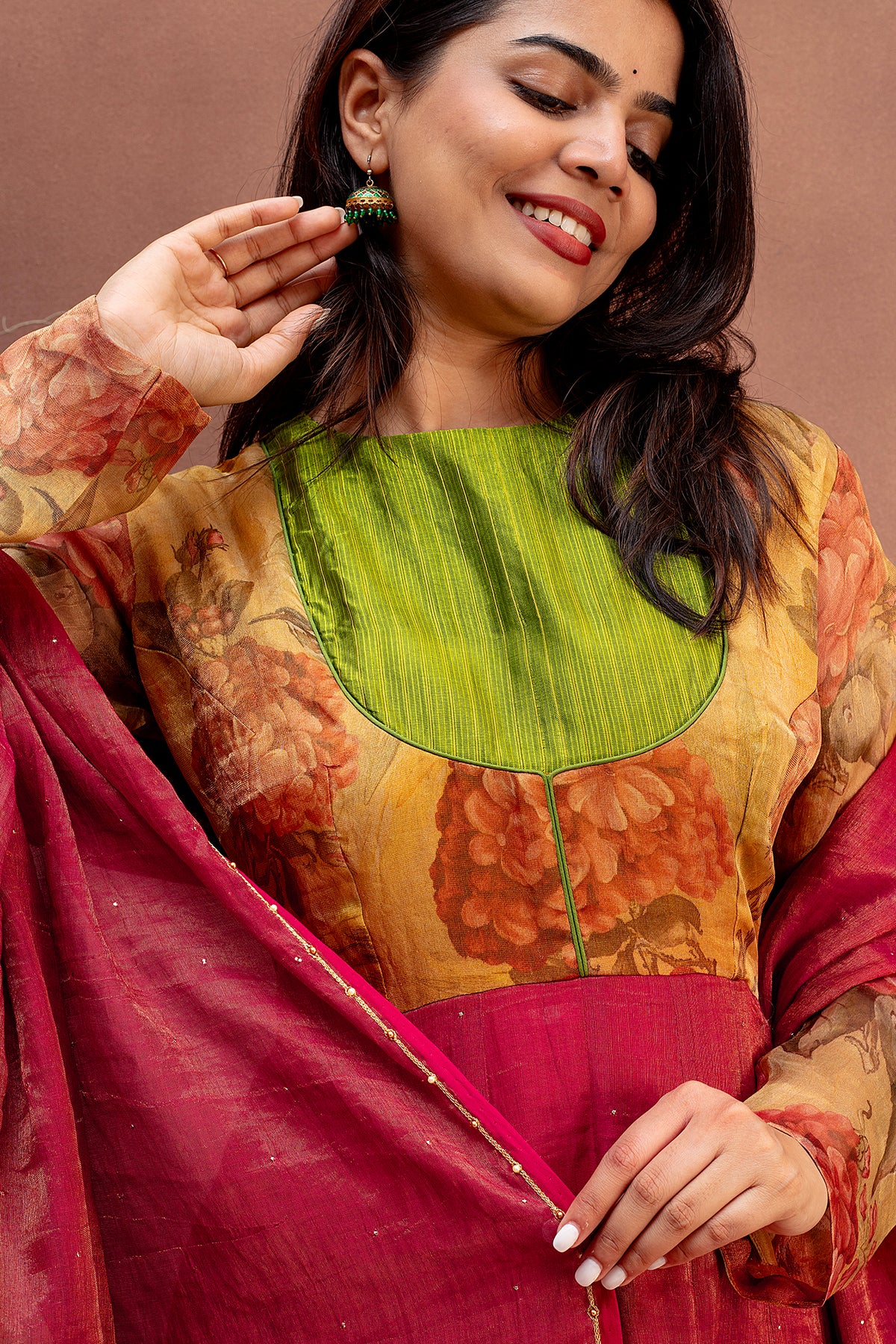 Earthy Rosewood & Lime Pure Chanderi Anarkali Set
