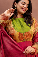 Earthy Rosewood & Lime Pure Chanderi Anarkali Set