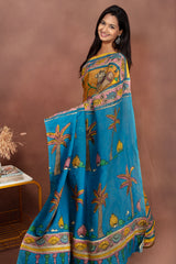 Handcrafted Kalamkari Art Saree in Mustard & Blue