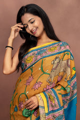 Handcrafted Kalamkari Art Saree in Mustard & Blue