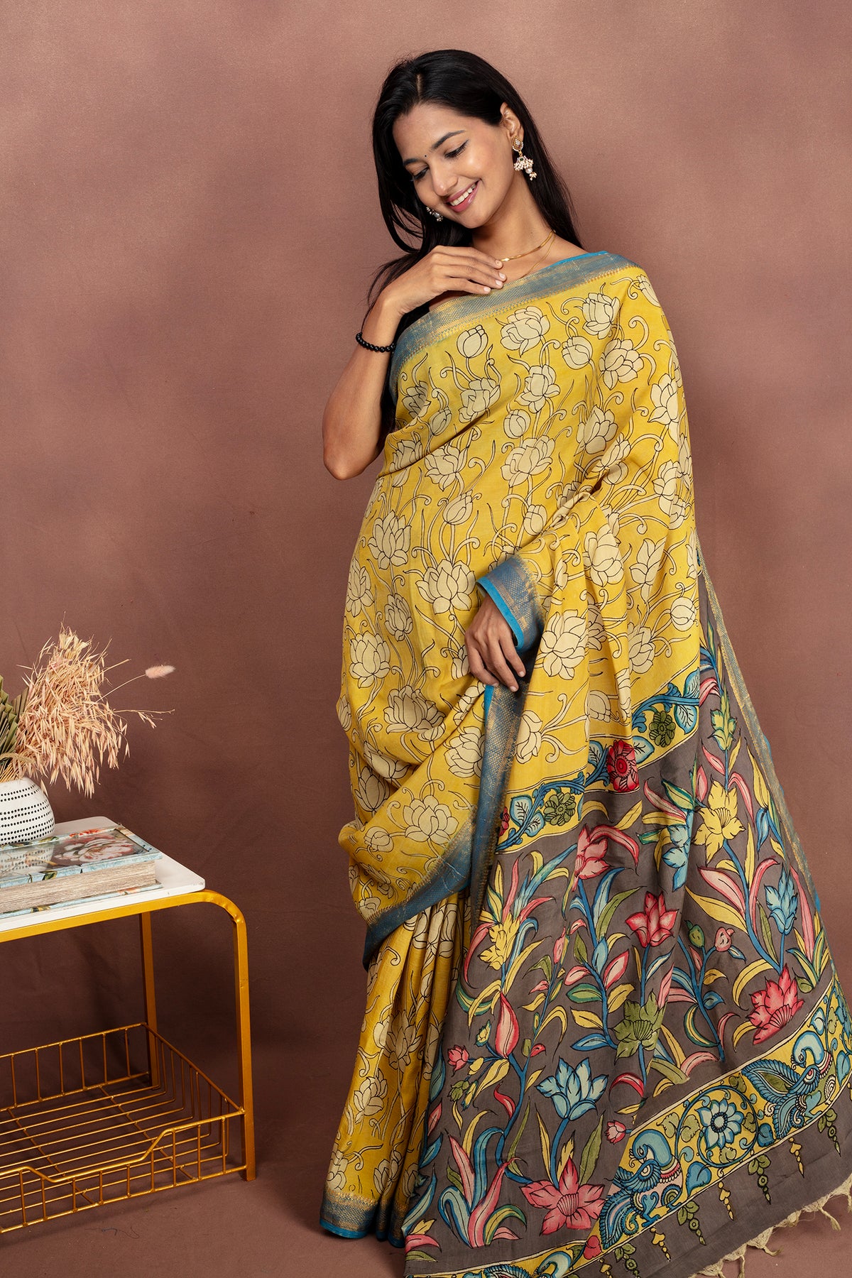 Handmade Kalamkari Saree – Floral Heritage in Mustard Yellow