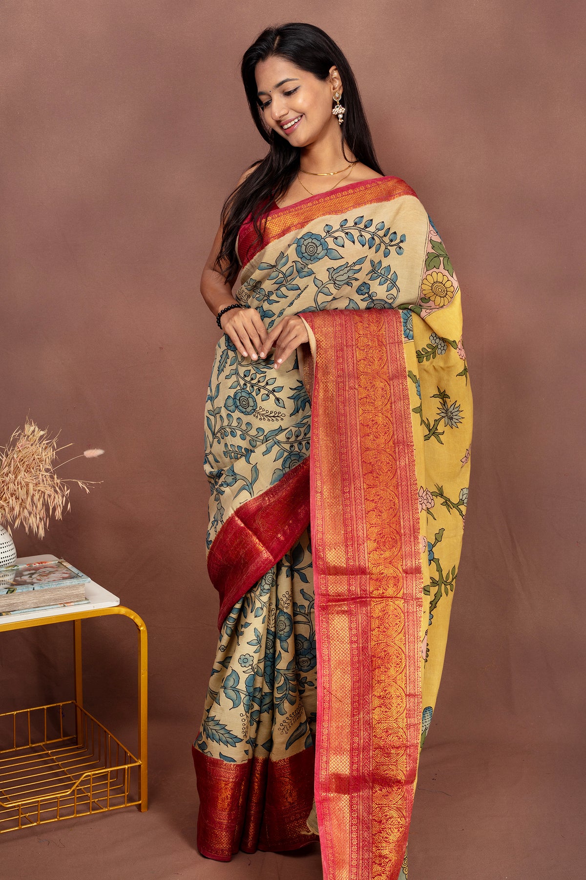 Handmade Kalamkari Saree – Heritage Floral with Contrast Red Border