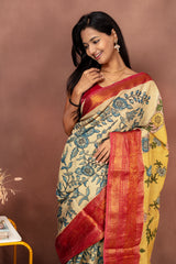 Handmade Kalamkari Saree – Heritage Floral with Contrast Red Border