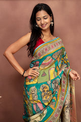 Heritage Kalamkari Saree in Teal & Peach