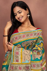 Heritage Kalamkari Saree in Teal & Peach