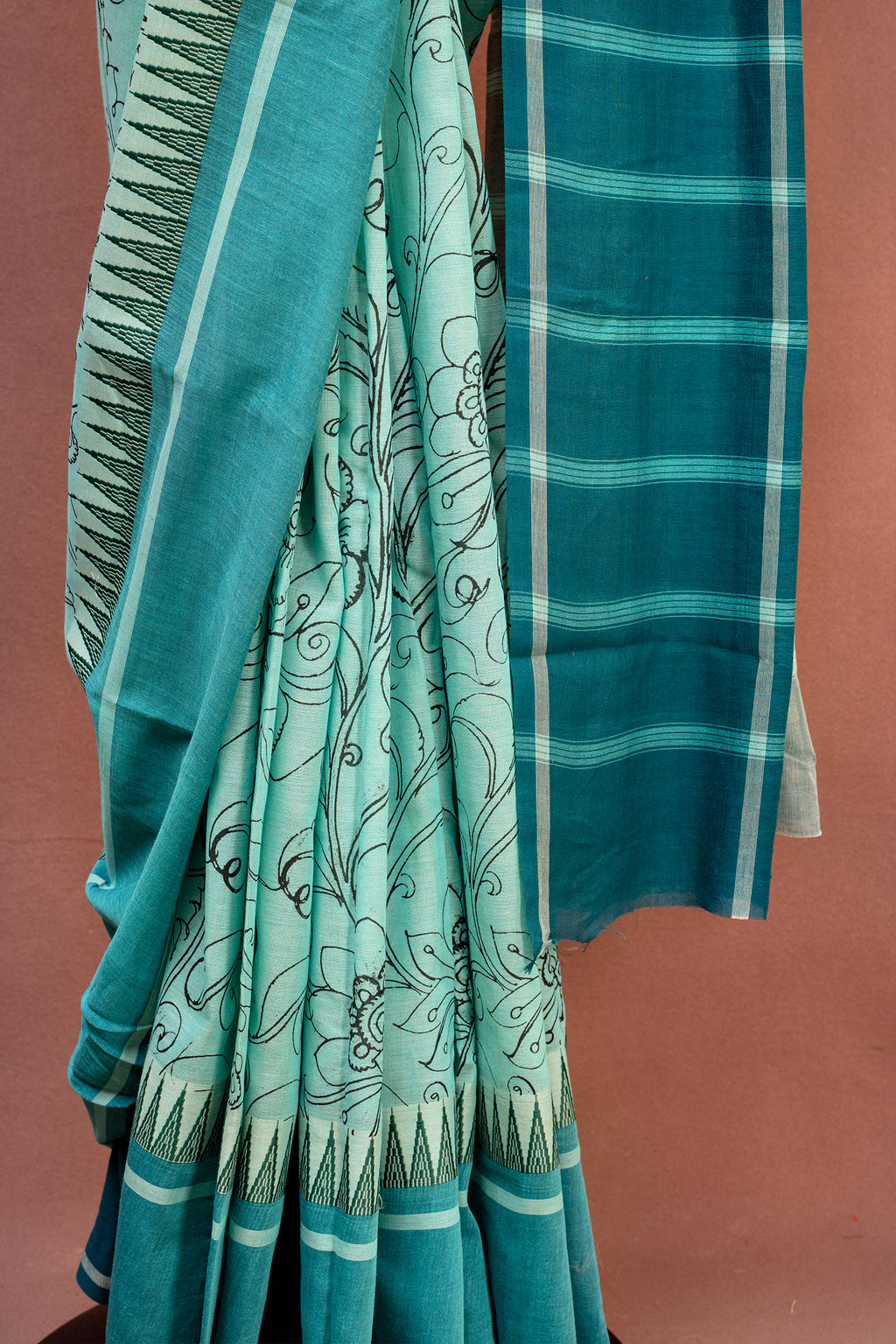 Seafoam & Teal Hand-Block Cotton Saree