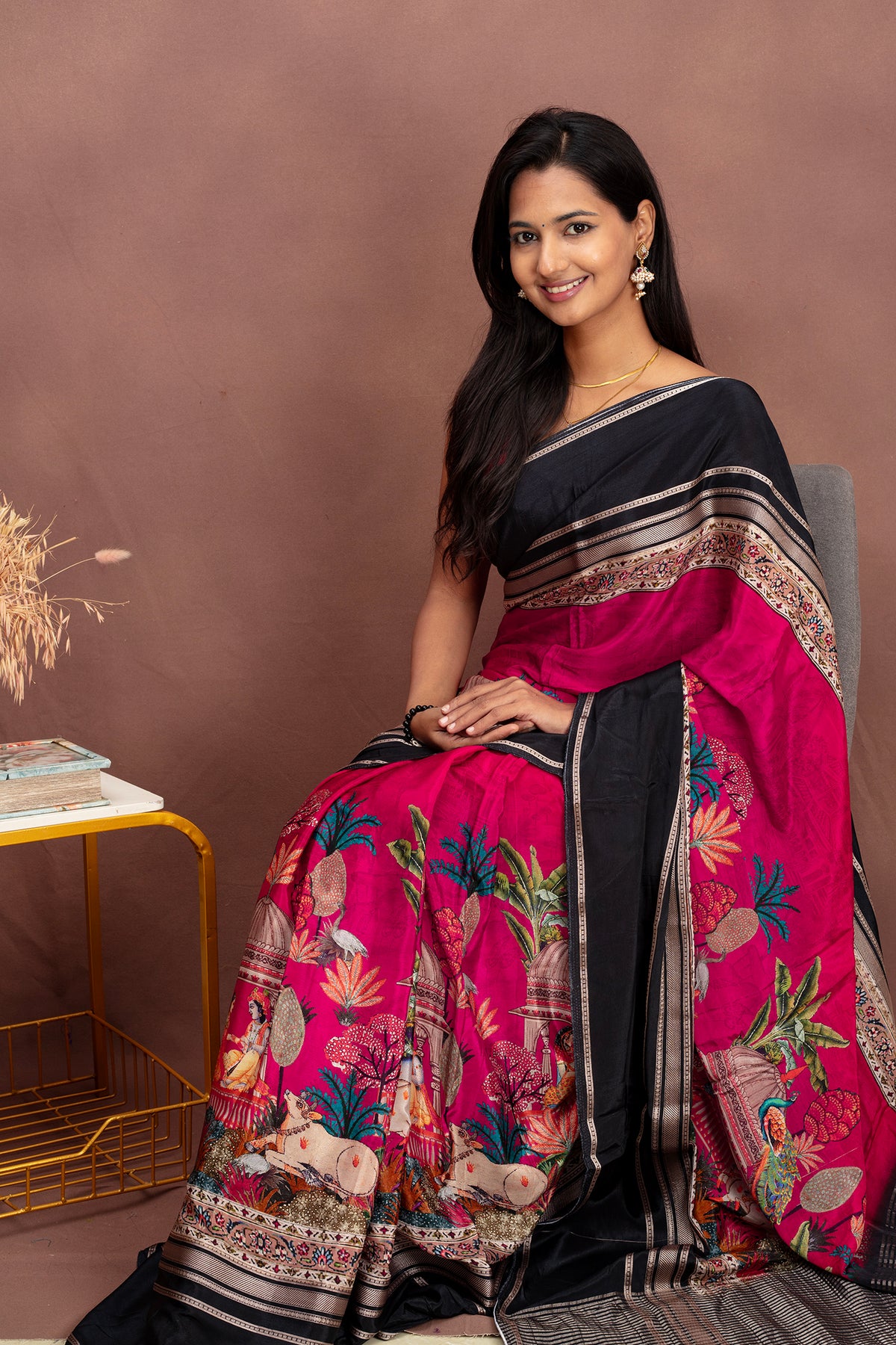Royal Fuchsia Black Georgette Saree