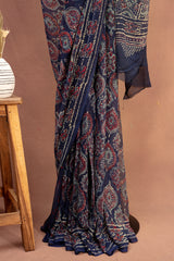 Indigo Ajrakh Hand-Block Georgette Saree