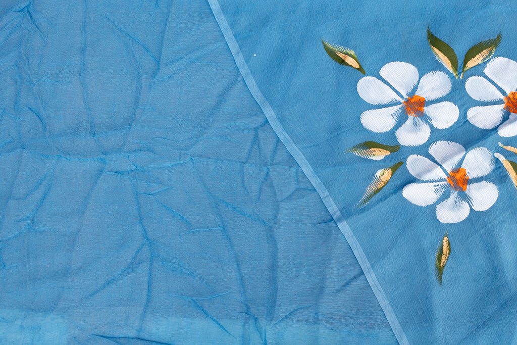 Cornflower Blue Hand-Block Georgette Saree